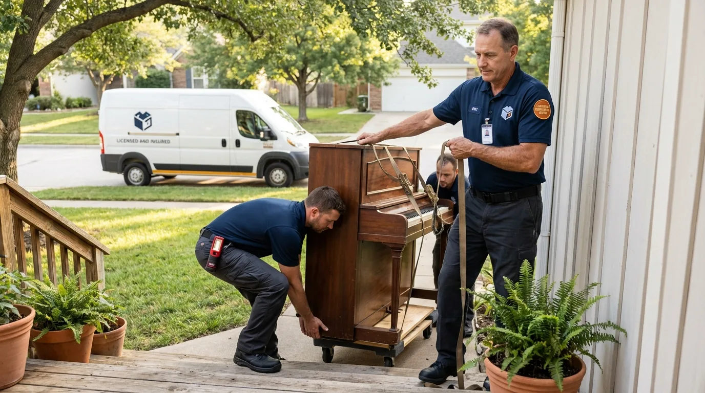 Licensed piano movers securing grand piano in Durango, CO
